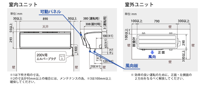 室内ユニットと室外ユニットの据付スペース図の例
