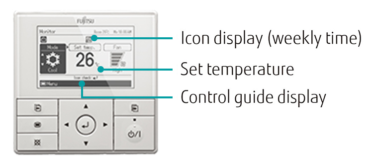 Sección de iconos (temporizador semanal), ajuste de temperatura y sección de guía de control