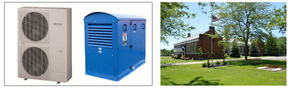 Left: VRF J IV S eries outdoor unit and VS1000 RTe ventilation system the air conditioning systems used in the demonstration project, Right: Senior Citizen Center, Evans , New York State, where the demonstration project will be conducted